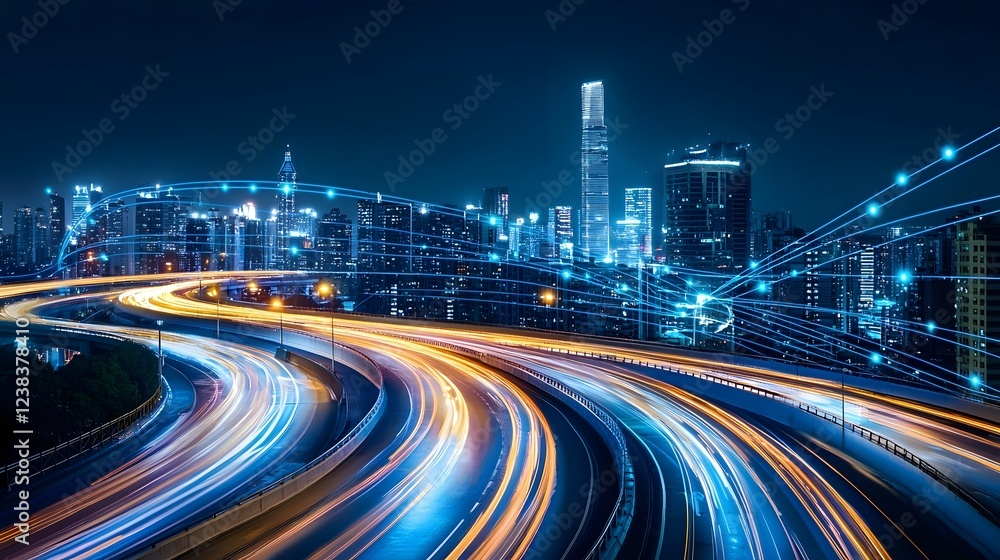A dark urban highway comes alive with a futuristic glow streaked with vibrant blue and fiery orange motion lines that convey the essence of speed and modern progress in a dynamic energetic scene A dark urban highway comes alive with a futuristic glow streaked with vibrant blue and fiery orange motion lines that convey the essence of speed and modern progress in a dynamic energetic scene