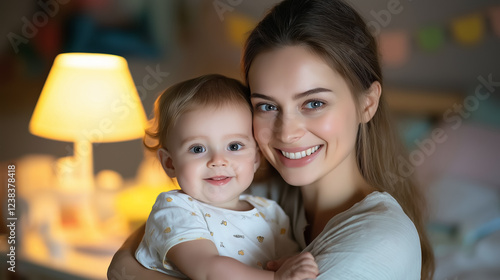 Mother cuddles her smiling child in a softly lit room before bedtime