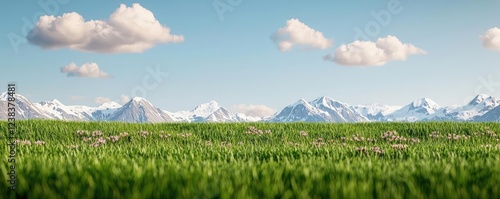 Wallpaper Mural National parks nature concept. Serene landscape featuring green grass and majestic snow-capped mountains under blue sky. Torontodigital.ca