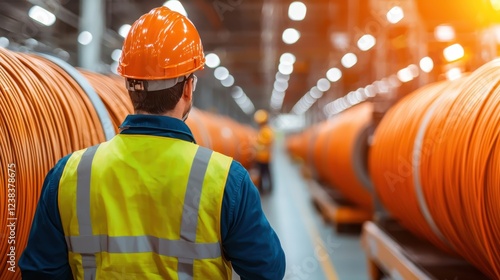 A group of workers carefully guiding and loading large spools of cable onto a flatbed truck for transportation