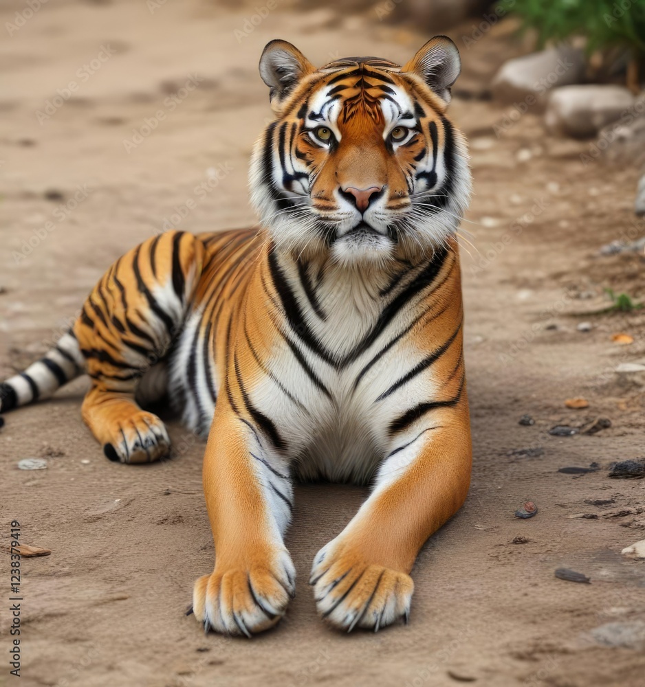 Tiger with stripes stretching out in a relaxed pose on the ground, zoo animal, natural surroundings, stone ground Tiger with stripes stretching out in a relaxed pose on the ground, zoo animal, natural surroundings, stone ground
