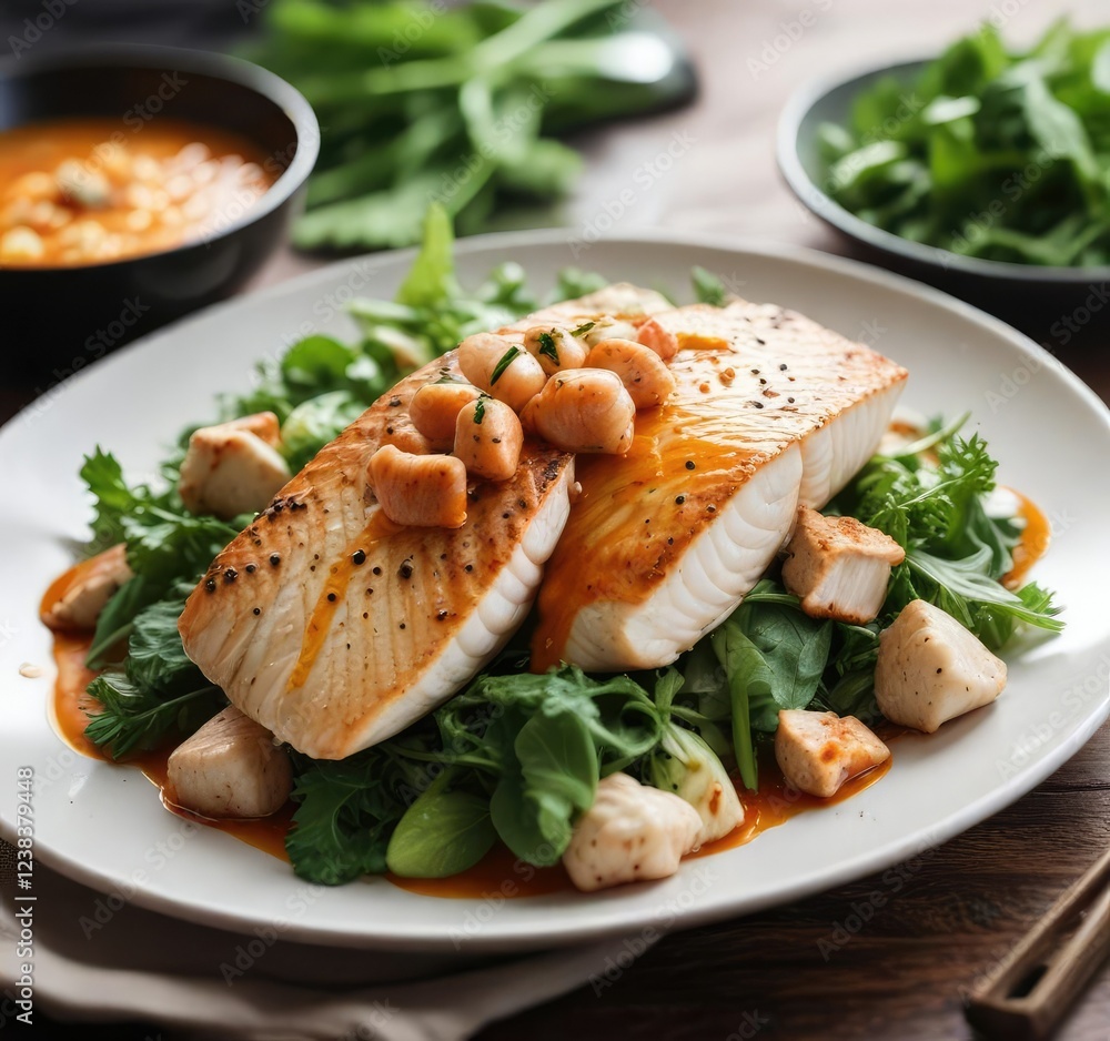 Tilapia fillet on a bed of greens with tom yum sauce drizzle, salad, nutritious food Tilapia fillet on a bed of greens with tom yum sauce drizzle, salad, nutritious food
