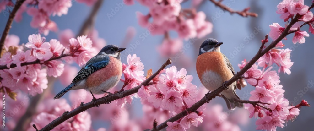 Tiny bird perched on pink cherry blossom branch, insectivorous bird, nature Tiny bird perched on pink cherry blossom branch, insectivorous bird, nature