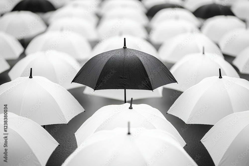 Obraz premium A single black umbrella stands prominently in a sea of white umbrellas, symbolizing individuality, uniqueness, and contrast.