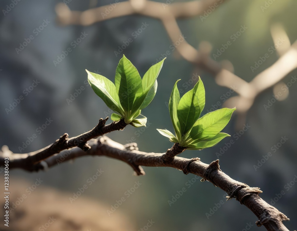 Tiny green bud on a bare branch stretching towards sunlight, walnut, stem, sun Tiny green bud on a bare branch stretching towards sunlight, walnut, stem, sun