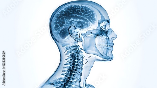 Blue Tinted X Ray Depiction of Human Neck Highlighting Viral Hotspots and Swelling in the Lymphatic System with Digital Overlay