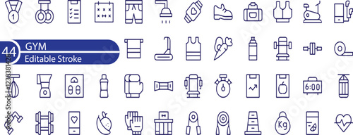 GYM Line Editable Icons set. Vector illustration in modern thin line style of fitness related icons. gym, sports equipment, exercises, and more.
