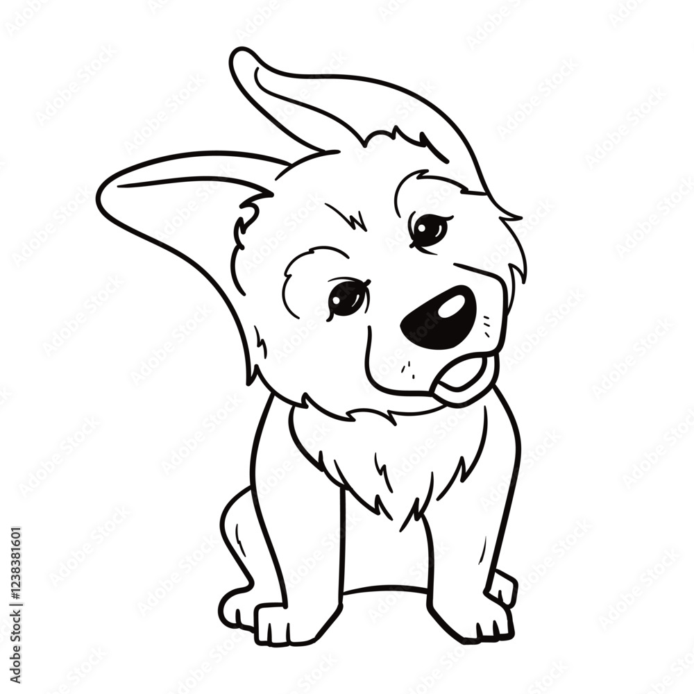 Fototapeta premium A simple coloring page for children with a German Shepherd puppy. Vector linear black and white drawing of a dog for children's book, sticker, sticker