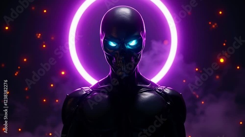 Futuristic figure stands strong in dramatic neon glow and mystery