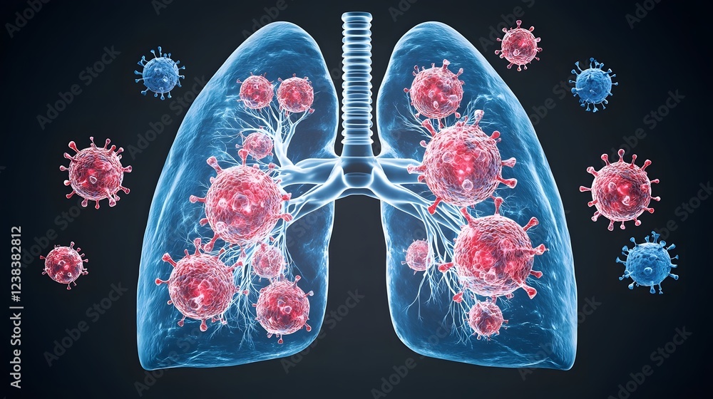Detailed 3D depicting the aggressive growth and metastatic spread of lung cancer cells