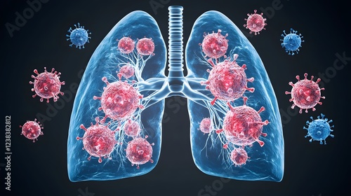 Obraz na płótnie Detailed 3D depicting the aggressive growth and metastatic spread of lung cancer cells w salonie