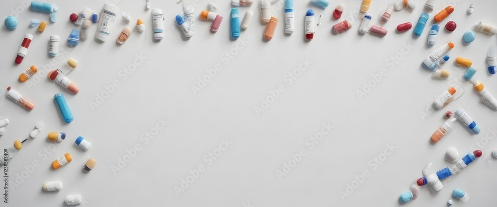 Top view of prescription medications on white surface, medicine, pills, prescription, copy space, illness Top view of prescription medications on white surface, medicine, pills, prescription, copy space, illness