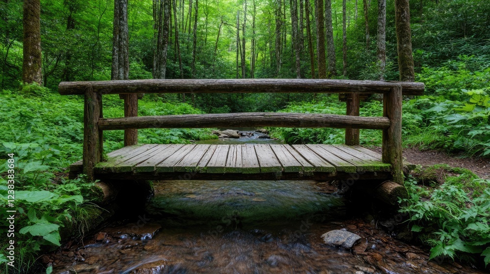 Rustic woods nature idea. A serene wooden bridge over a gentle stream surrounded by lush green trees. Rustic woods nature idea. A serene wooden bridge over a gentle stream surrounded by lush green trees.