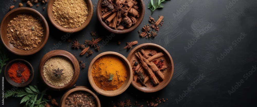 Top view of wooden bowls filled with aromatic spices on dark surface, cuisine, seasoning, cooking, lifestyle, dark background Top view of wooden bowls filled with aromatic spices on dark surface, cuisine, seasoning, cooking, lifestyle, dark background
