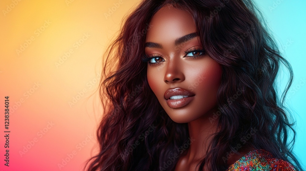 Fototapeta premium A stunning portrait features a confident young woman with luscious waves of dark hair and striking makeup, illuminated by a soft gradient of sunset colors in the background