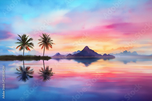  tropical island sunset watercolor view