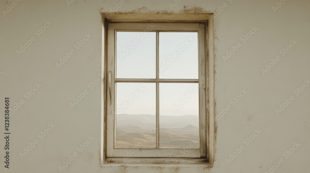 Fototapeta premium Mountain view through rustic window, desert landscape background; travel, home decor