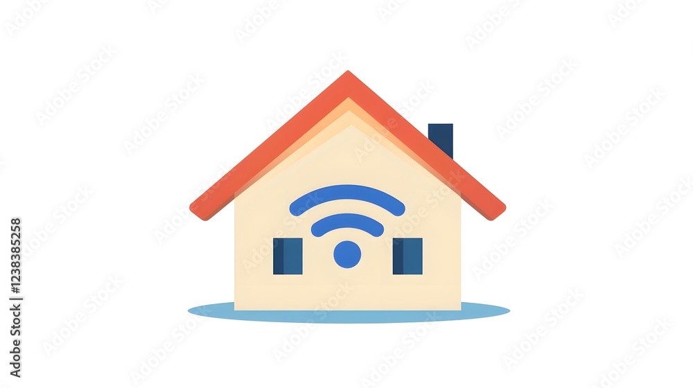 Flat design of a smart home icon with a pulsating blue Wi Fi signal representing high speed internet connectivity and the of digital technologies in modern living spaces Flat design of a smart home icon with a pulsating blue Wi Fi signal representing high speed internet connectivity and the of digital technologies in modern living spaces