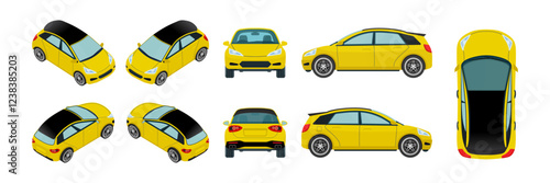 3D yellow and yellowish Car Vector Template: Isometric, Multi-Angle, Front, Rear, Side and Top Views - Vehicle Hatchback and Sedan Mockup. 