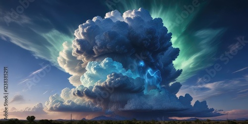 Towering thunderhead cloud with vibrant electric blue and green hues dominating the Arizona sky, green clouds, saguaro cactus, thunderhead