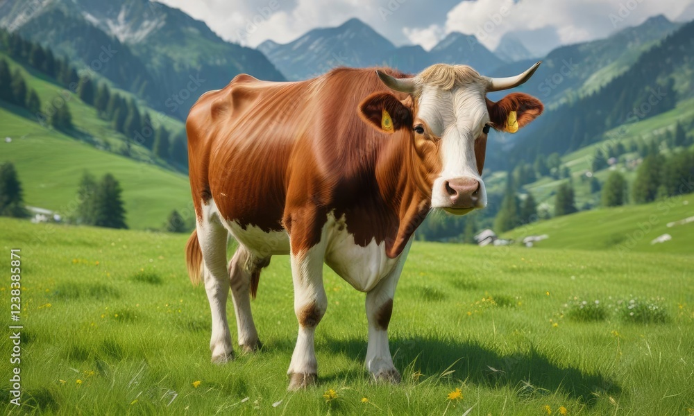Traditional Austrian alpine cow grazing in a green meadow, alpine cow, landscape Traditional Austrian alpine cow grazing in a green meadow, alpine cow, landscape