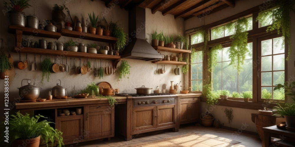 Fototapeta premium Traditional Ayurvedic kitchen with medicinal plants, utensils, ayurveda