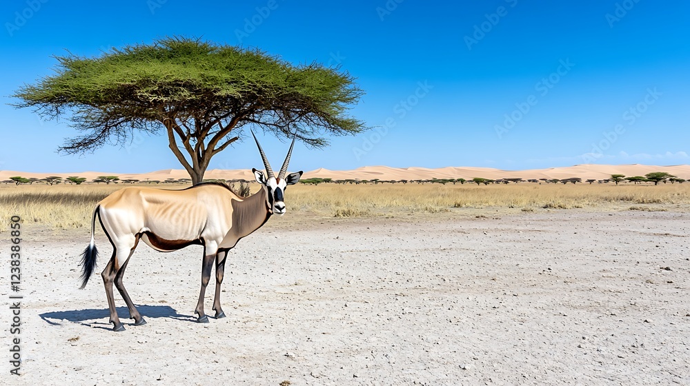 Fototapeta premium Majestic Gemsbok Antelope under Acacia Tree in African Savanna Landscape