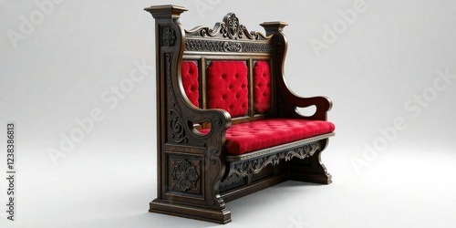 Traditional red velvet cushioned church pew with carved wooden frame and intricate carvings, stone walls, old wooden church