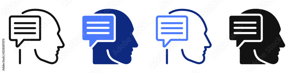 Vector icon or logo of human head with speech bubble related to ai chatbot, consulting and communication. Symbol for website or app ui, logo design, illustration Vector icon or logo of human head with speech bubble related to ai chatbot, consulting and communication. Symbol for website or app ui, logo design, illustration