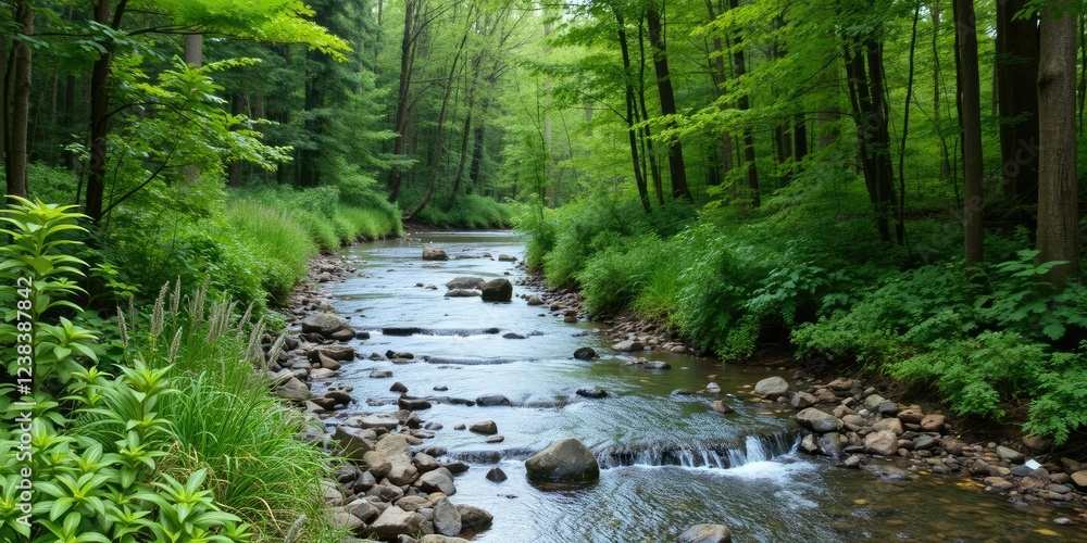 Obraz premium Tranquil forest creek surrounded by vibrant green foliage, beauty, scenic, outdoors