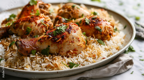 Chicken biriyani with jeera rice on a plate photo