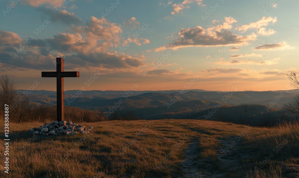 A scenic view of a wooden cross on a hilltop surrounded by grass, overlooking rolling hills under a warm, golden sunset sky. A scenic view of a wooden cross on a hilltop surrounded by grass, overlooking rolling hills under a warm, golden sunset sky.