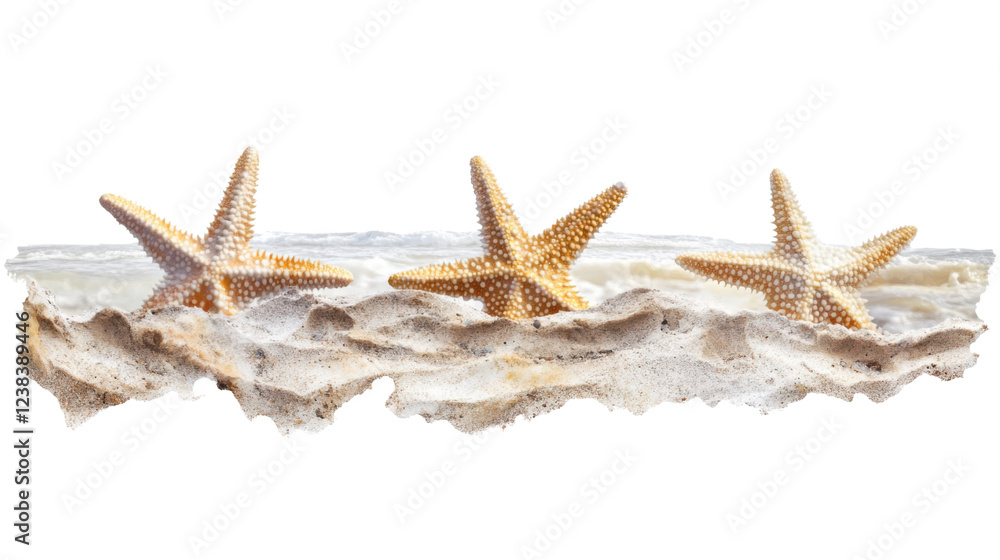 Three starfishes resting on the beach sand with transparent background Three starfishes resting on the beach sand with transparent background