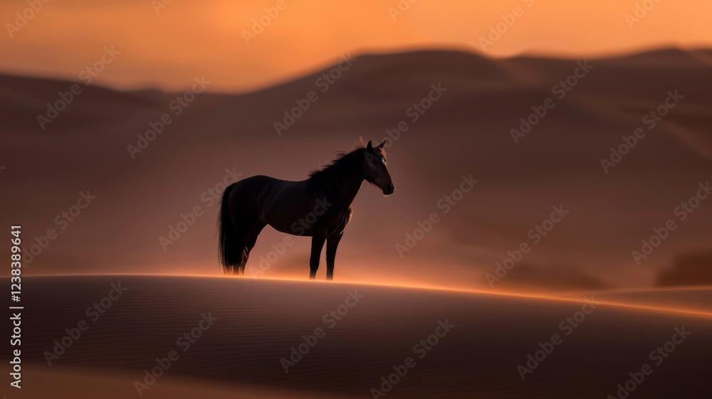 Arabian Horse in Desert: A sleek Arabian horse with a shiny chestnut coat, standing majestically on a golden desert dune during sunset. Arabian Horse in Desert: A sleek Arabian horse with a shiny chestnut coat, standing majestically on a golden desert dune during sunset.
