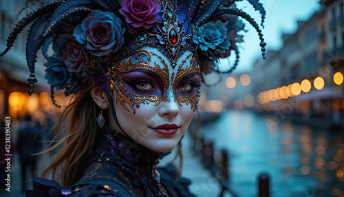 Venetian carnival mask, Portrait of beautiful woman with masquerade carnival mask on her face.