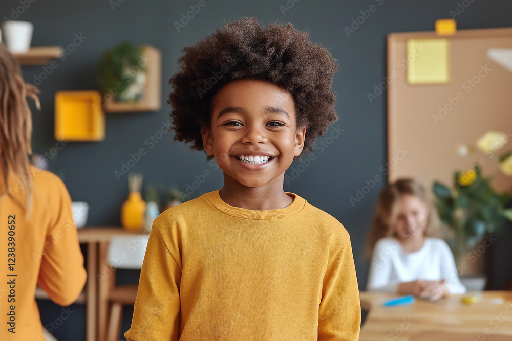 Fototapeta premium A young boy with curly hair is smiling and wearing a yellow shirt