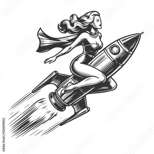 pin-up woman riding a rocket with a confident expression, embodying adventure and vintage sci-fi sketch engraving generative ai vector illustration. Scratch board imitation. Black and white image.