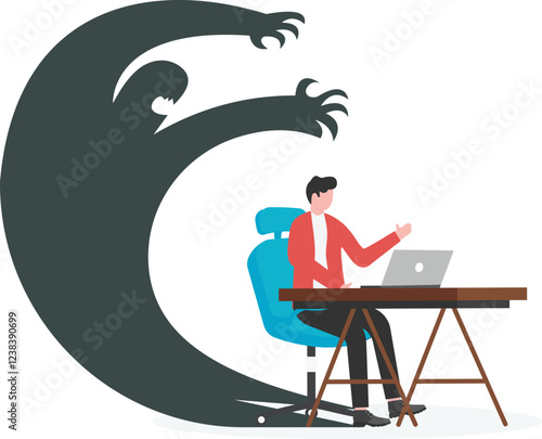 Business concept illustration of a businessman frightened with his own shadow

