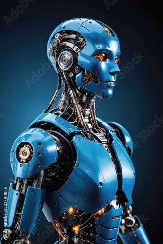 the robot is facing forward and raised his hand up, smiling , household assistants, artificial intelligence, helping a person, light background, free space on the side for text
