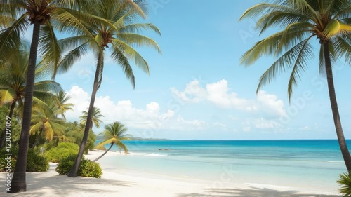 Wallpaper Mural Tropical paradise with palm trees and sandy beach overlooking the ocean, coastline, tropical escape, ocean view Torontodigital.ca