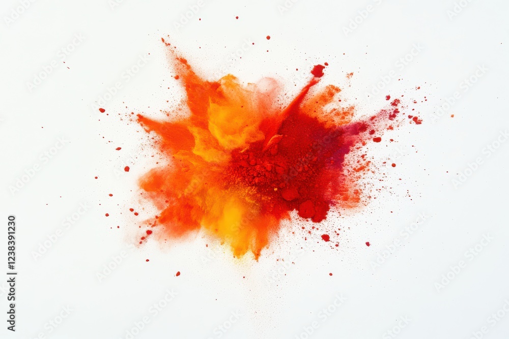 Bright colors powder explosion on white background creates vibrant and dynamic visual effect, showcasing shades of red, orange, and yellow Bright colors powder explosion on white background creates vibrant and dynamic visual effect, showcasing shades of red, orange, and yellow
