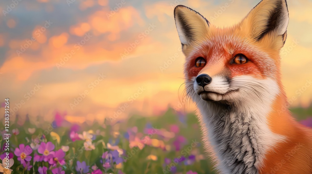 Wildlife encounter nature idea. A vibrant fox posing majestically in a field of colorful flowers during sunset. Wildlife encounter nature idea. A vibrant fox posing majestically in a field of colorful flowers during sunset.