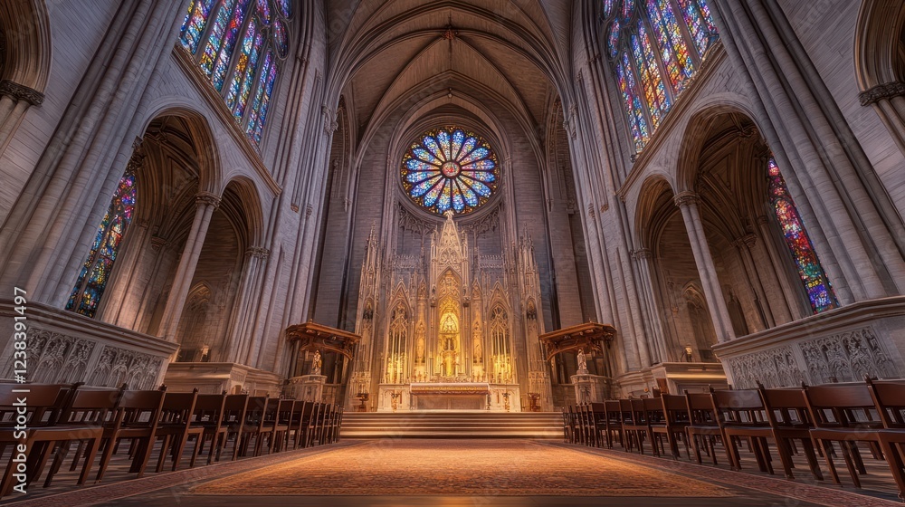 Cathedral interior, altar, stained glass, rows of chairs, peaceful worship Cathedral interior, altar, stained glass, rows of chairs, peaceful worship
