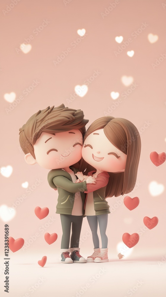 3D Cute Romantic Couple Celebrating Valentine's Day Surrounded by Hearts, Symbolizing Love and Affection. 3D Cute Romantic Couple Celebrating Valentine's Day Surrounded by Hearts, Symbolizing Love and Affection.