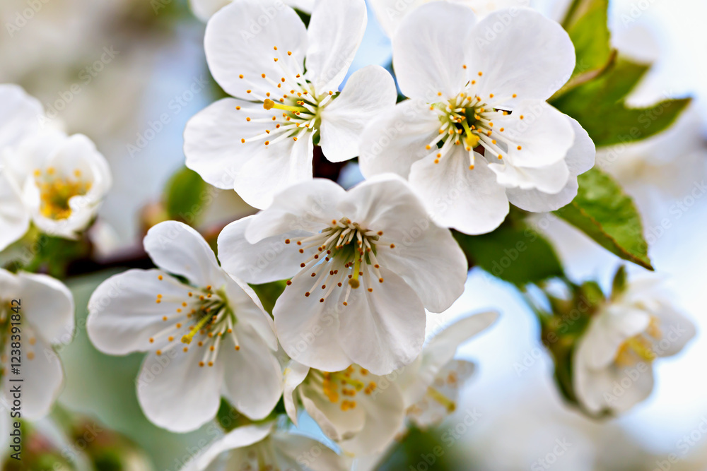 White flowers cherry in full bloom on tree branches. Blossoms signify springtime, renewal, and growth. Delicate flowers cherry provide sense of tranquility and beauty. Spring and nature concept White flowers cherry in full bloom on tree branches. Blossoms signify springtime, renewal, and growth. Delicate flowers cherry provide sense of tranquility and beauty. Spring and nature concept