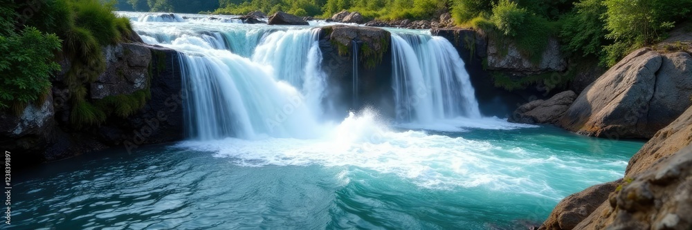 Fototapeta premium Turbulent water cascades down rocky cliffside, poolofwater, waterfall