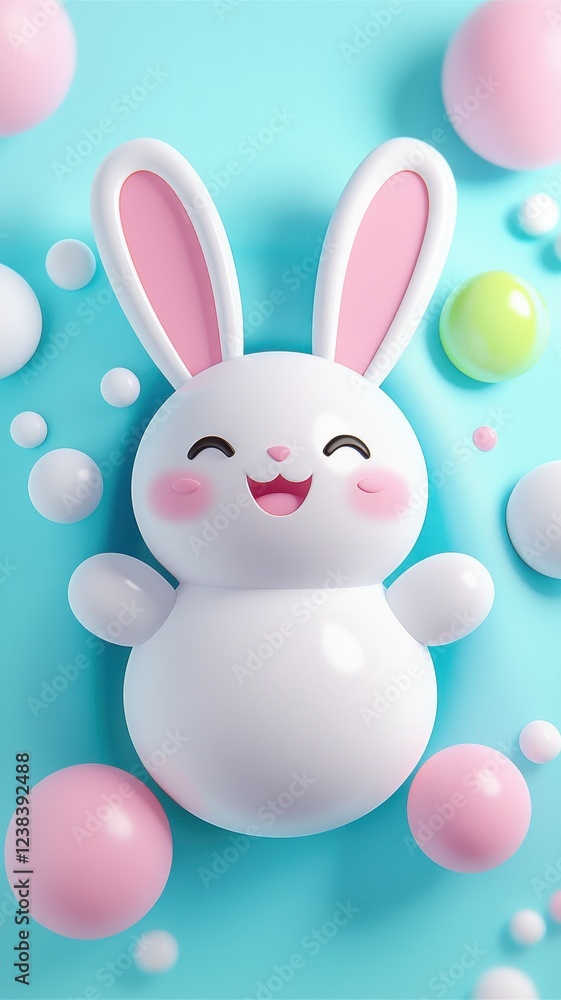 Fototapeta premium Happy Easter Bunny Surrounded by Pastel Easter Eggs and Bubbles 3D Render
