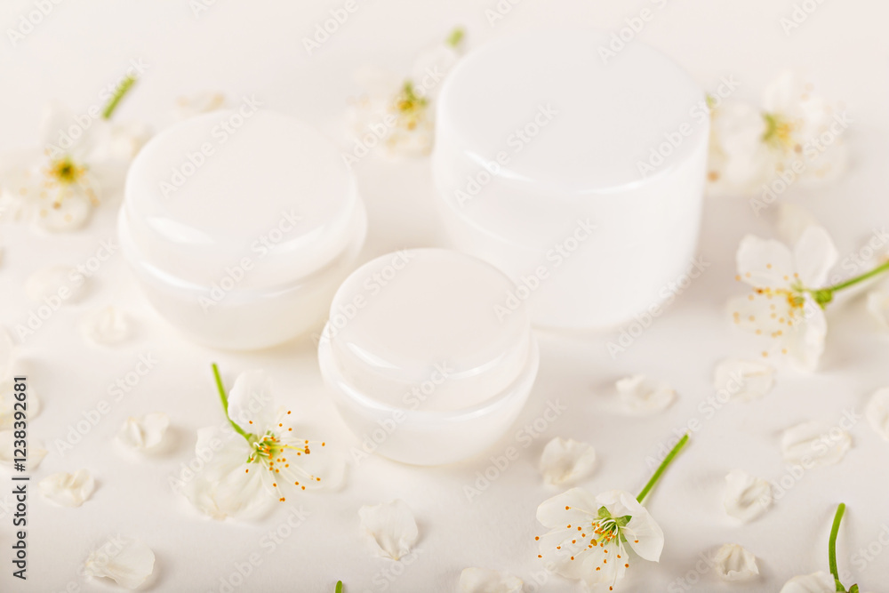 Mockup. Set of white cosmetic containers surrounded by white spring flowers. Concept beauty, skincare or natural product. Cosmetic jars and containers for cream or cosmetic products Mockup. Set of white cosmetic containers surrounded by white spring flowers. Concept beauty, skincare or natural product. Cosmetic jars and containers for cream or cosmetic products