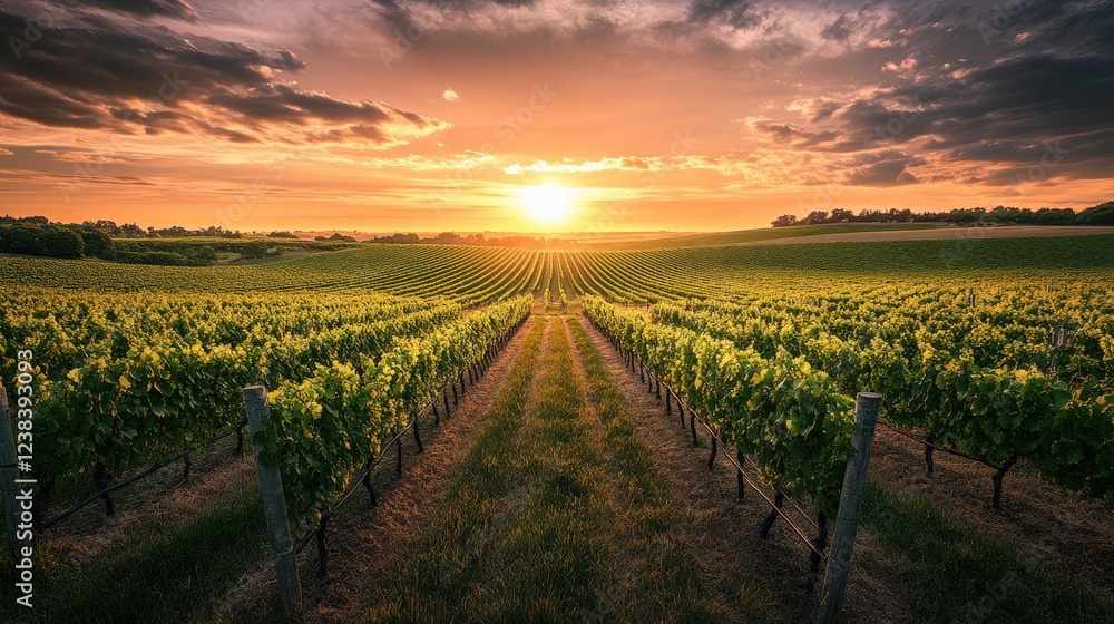 Beautiful sunset over lush vineyards, showcasing rows of green grapevines. Serene sky and warm colors enhance dreamy landscape. Beautiful sunset over lush vineyards, showcasing rows of green grapevines. Serene sky and warm colors enhance dreamy landscape.