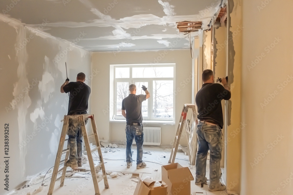 Interior renovation of the apartment. Worker puttying the walls
Interior renovation of the apartment. Worker puttying the walls